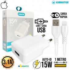 Kit Carregador 1 USB + Cabo Lightning 1m T503UL Kimaster - Branco